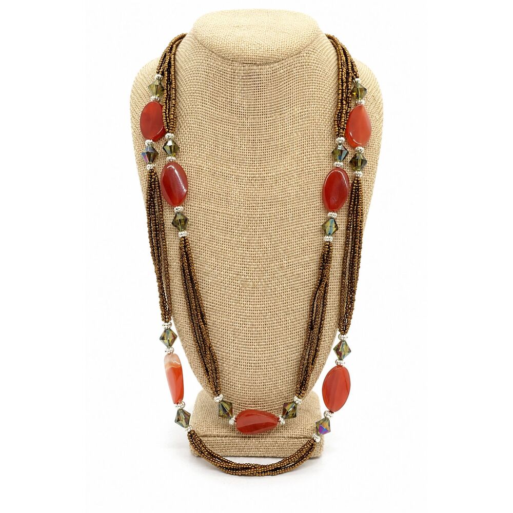 Red Stone Bead Necklace Agate Multi Strand Boho Beaded Layered Statement 50"